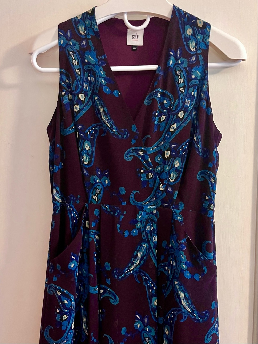 CAbi Floral Paisley V-Neck Dress in Plum & Teal Blue with Pockets & Hidden Zip - Picture 2 of 12
